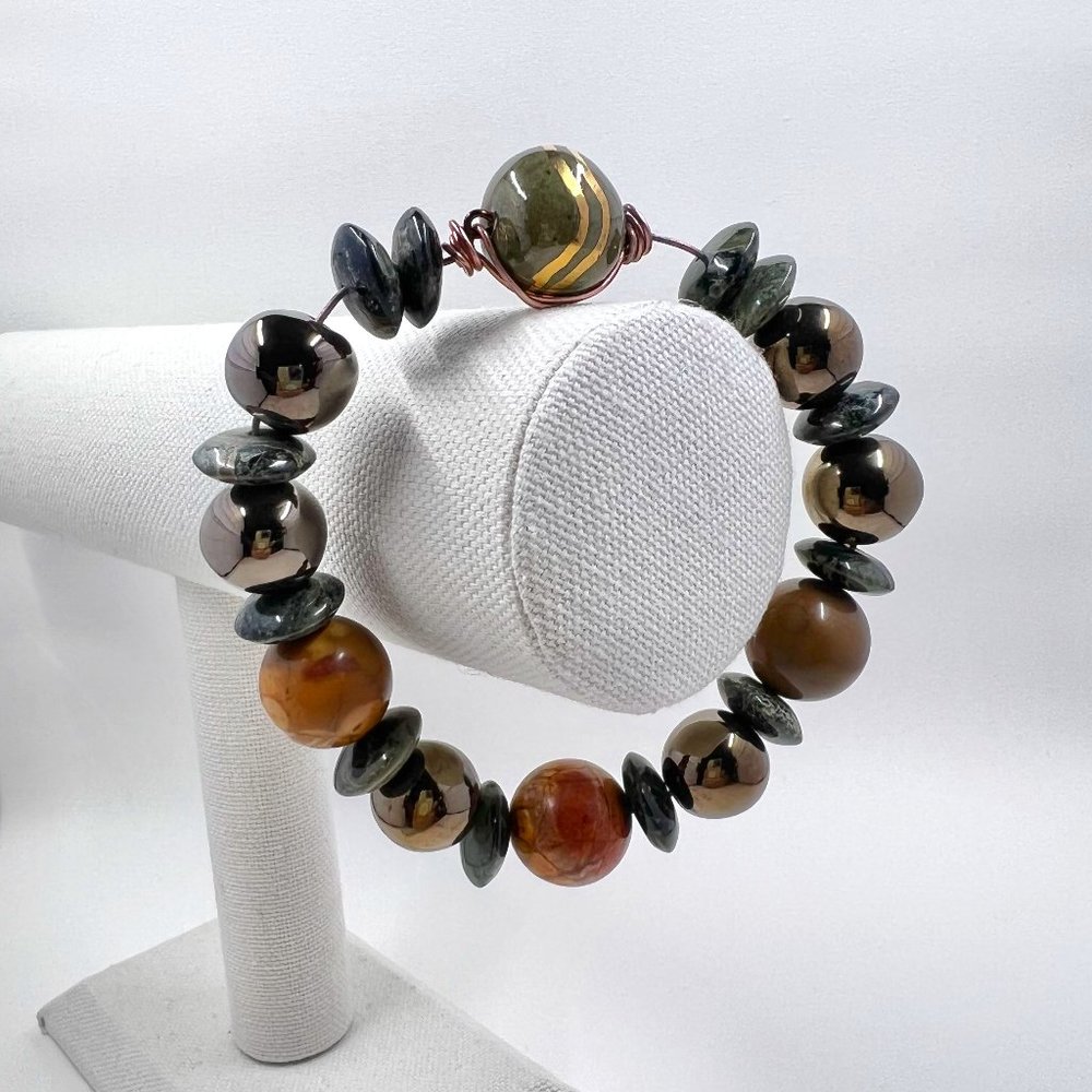Natural Stone and Beaded 8” Wire Bracelet